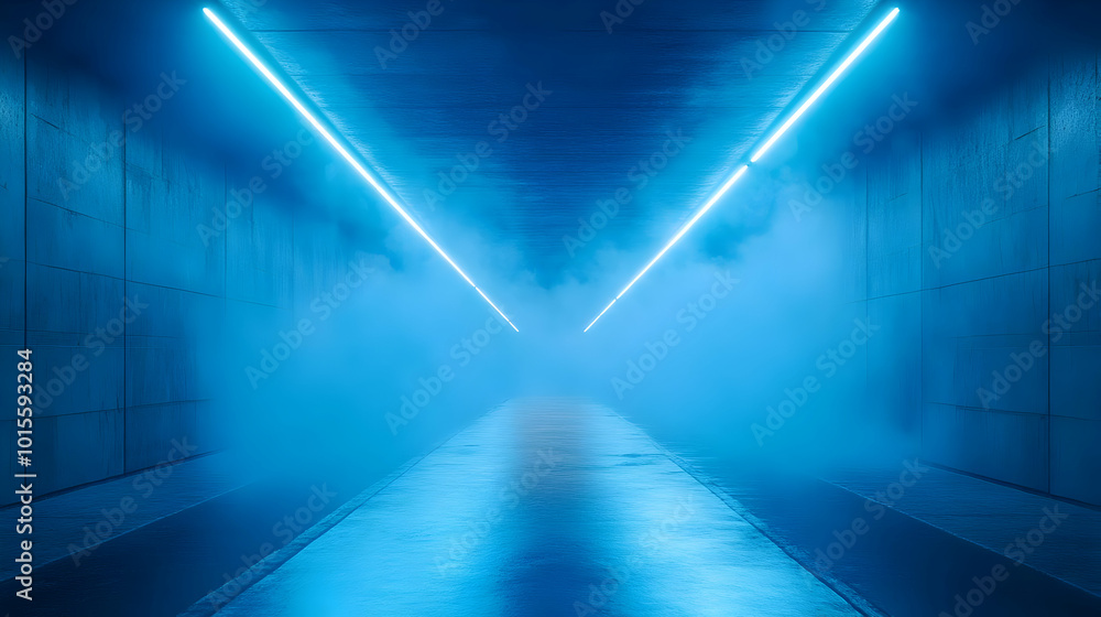Blue Neon Lights in a Foggy Corridor 3D Illustration Blue Neon Lights in a Foggy Corridor 3D Illustration