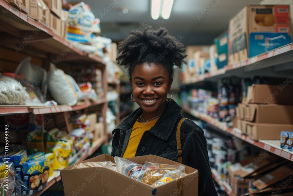 Cheerful young woman holding a box of donated items in a thrift store Cheerful young woman holding a box of donated items in a thrift store