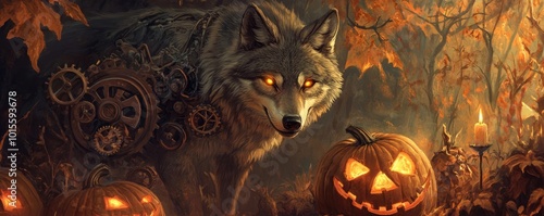 A mysterious wolf among glowing pumpkins and autumn leaves, creating a perfect Halloween atmosphere. photo