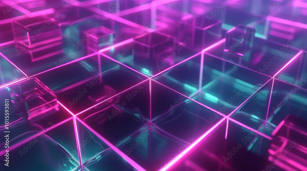 A futuristic abstract image featuring a glowing grid of neon pink and teal lines with transparent cubes, creating a mesmerizing geometric pattern. The vibrant colors and 3D effect add depth and visual