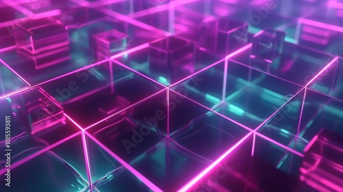 A futuristic abstract image featuring a glowing grid of neon pink and teal lines with transparent cubes, creating a mesmerizing geometric pattern. The vibrant colors and 3D effect add depth and visual