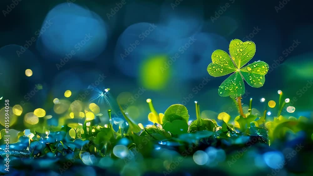 A single four-leaf clover stands out with sparkling dew drops against a bokeh light background. A single four-leaf clover stands out with sparkling dew drops against a bokeh light background.