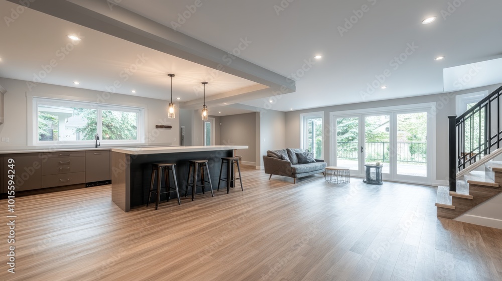 This open-concept basement features a central island with bar stools, a cozy seating area, and large windows that flood the space with natural light, creating an airy atmosphere