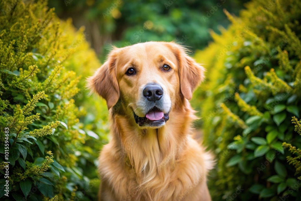 Obraz premium Golden retriever posing in front of bush foliage at a tilted angle