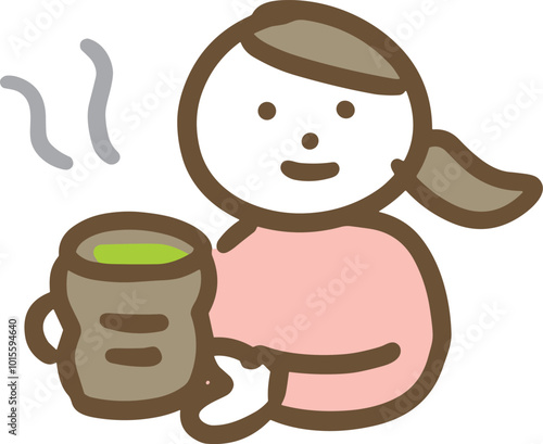 お茶を持っている笑顔の女性