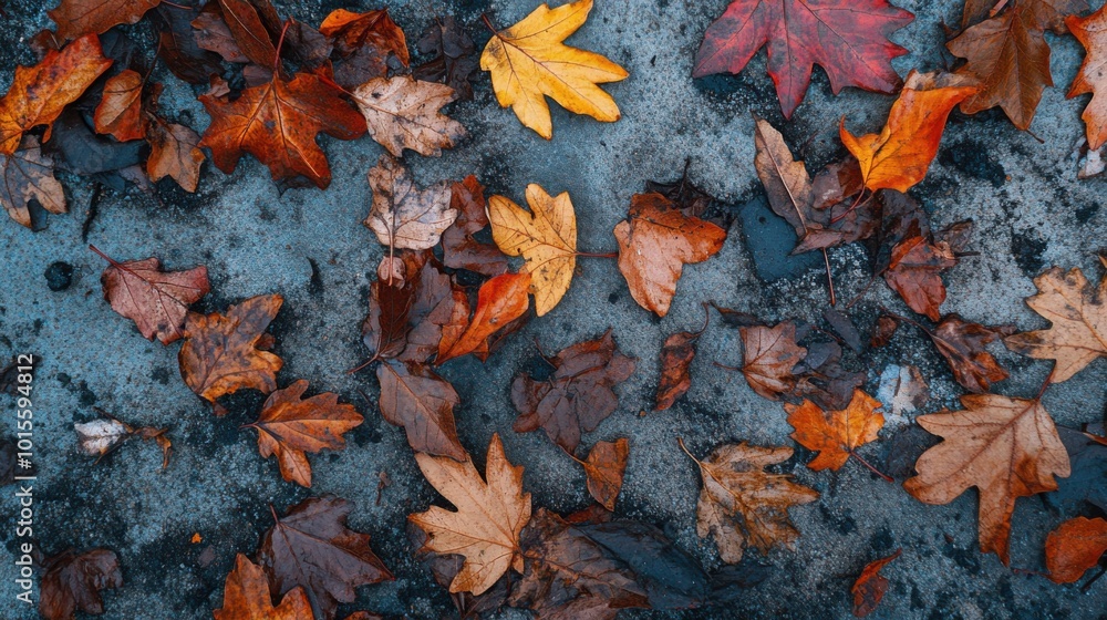 A close-up of fallen autumn leaves in a mix of warm colors lying on the ground, creating a textured and natural landscape A close-up of fallen autumn leaves in a mix of warm colors lying on the ground, creating a textured and natural landscape