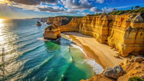 Golden sands and rugged cliffs along Algarve coastline