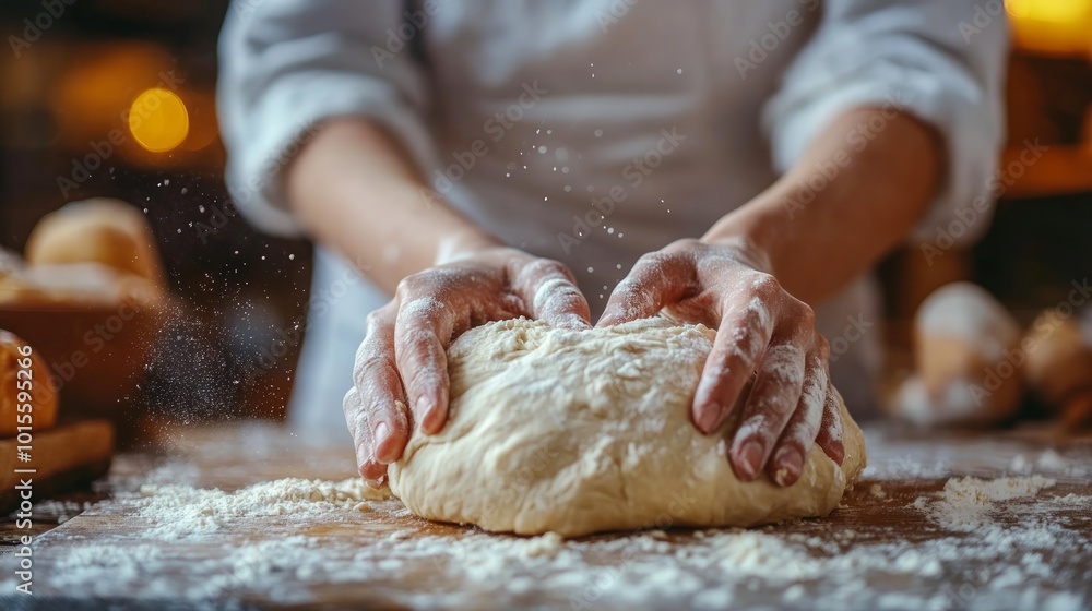 A baker kneads dough on a floured wooden table. A baker kneads dough on a floured wooden table.