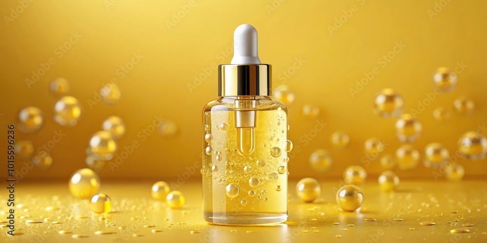 Golden yellow bubble oil or serum isolated on yellow background Macro Golden yellow bubble oil or serum isolated on yellow background Macro