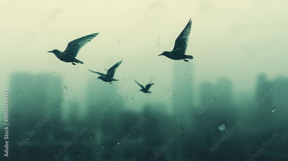 Fototapeta premium Birds Flying Through Misty Cityscape at Dawn