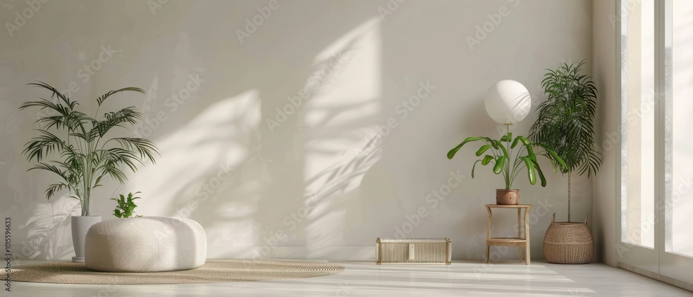Houseplant near pouf and lamp in interior of living room Houseplant near pouf and lamp in interior of living room