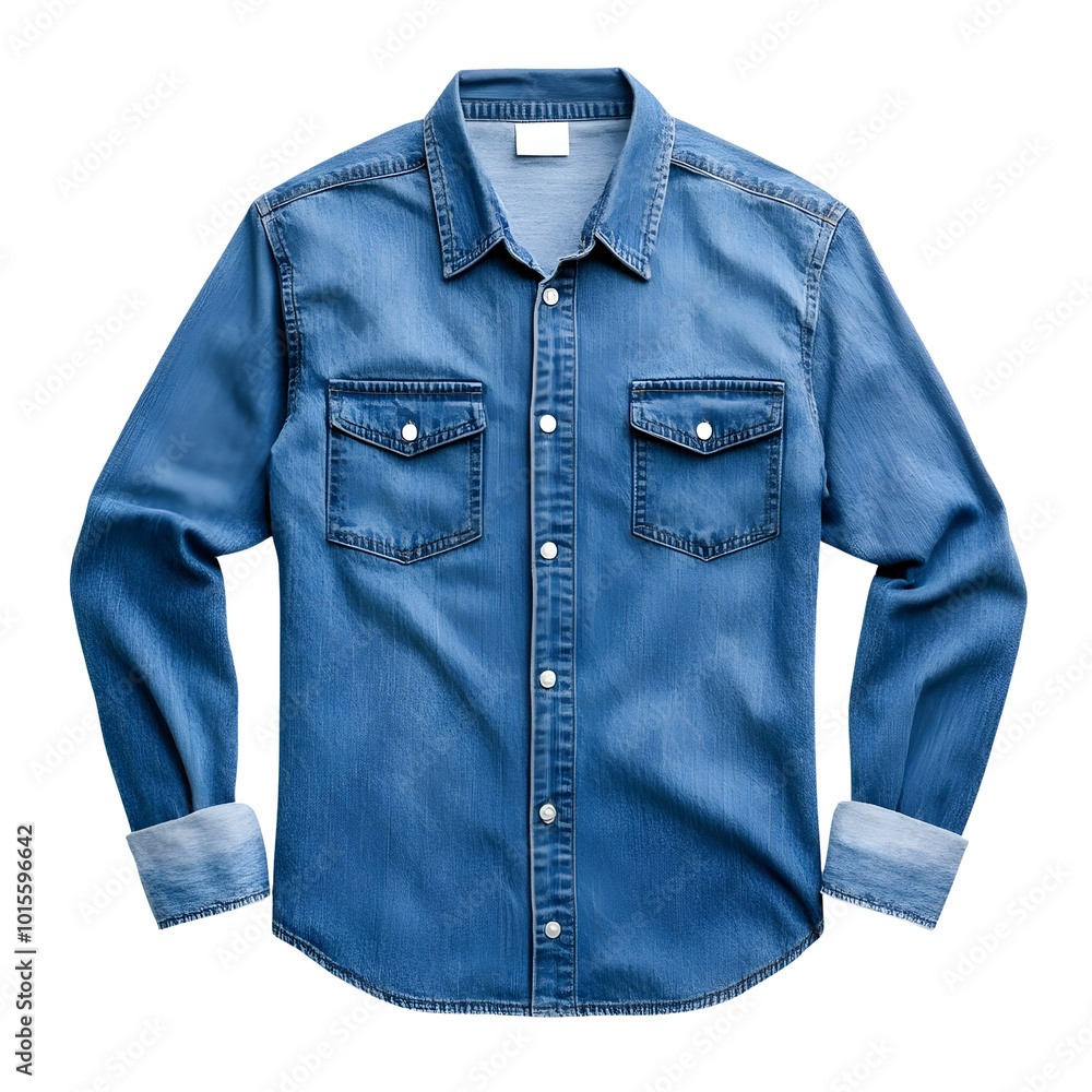 Stylish denim shirt with button-up design and front pockets, set against a white isolated background. Stylish denim shirt with button-up design and front pockets, set against a white isolated background.