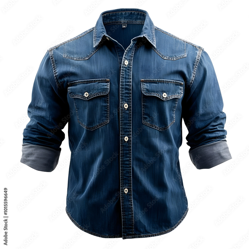 Men's denim shirt with button-down front and classic pockets, isolated on white background. Men's denim shirt with button-down front and classic pockets, isolated on white background.