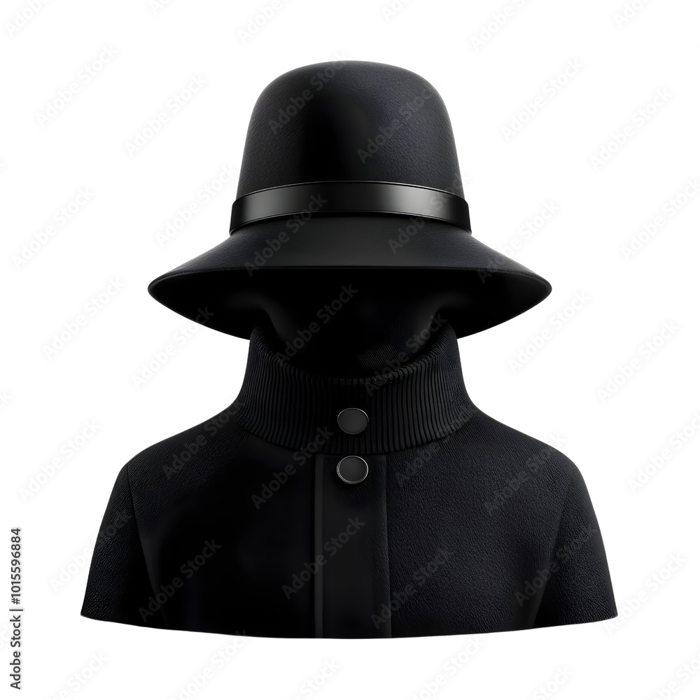 Mysterious figure in a black hat and coat, suggesting anonymity, intrigue, and stealth, on a white isolated background. Mysterious figure in a black hat and coat, suggesting anonymity, intrigue, and stealth, on a white isolated background.