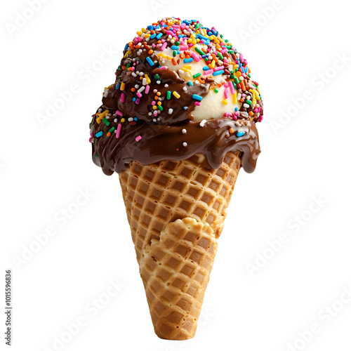 Delicious ice cream cone topped with chocolate and colorful sprinkles, isolated on a white background. photo