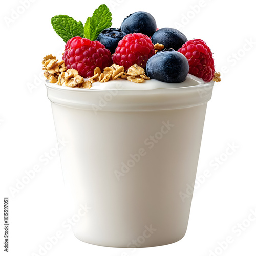 A delicious yogurt cup topped with fresh berries and granola, perfect for a healthy breakfast or snack.