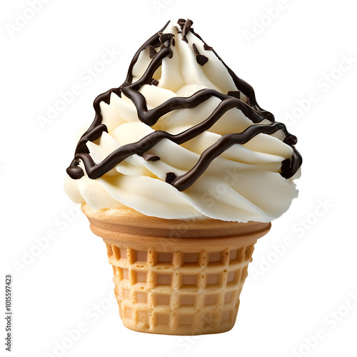 Delicious soft-serve ice cream in a waffle cone topped with rich chocolate syrup. photo