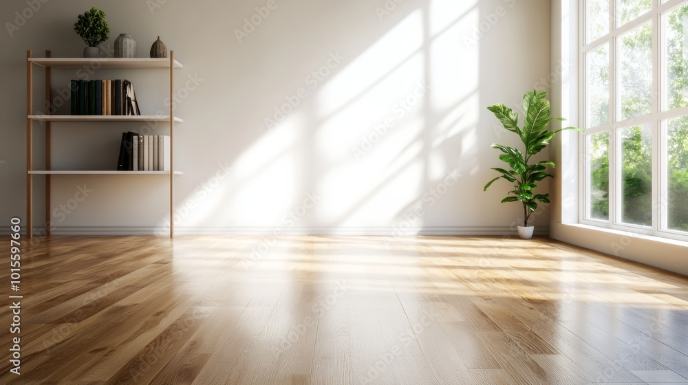 This modern living room features white walls, a small bookshelf with decorative items, and sunlight pouring through large windows, enhancing the calm and spacious vibe This modern living room features white walls, a small bookshelf with decorative items, and sunlight pouring through large windows, enhancing the calm and spacious vibe