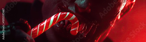 A dramatic close-up of a figure biting a striped candy cane, set against a moody red background. Evokes a sense of holiday mystery.