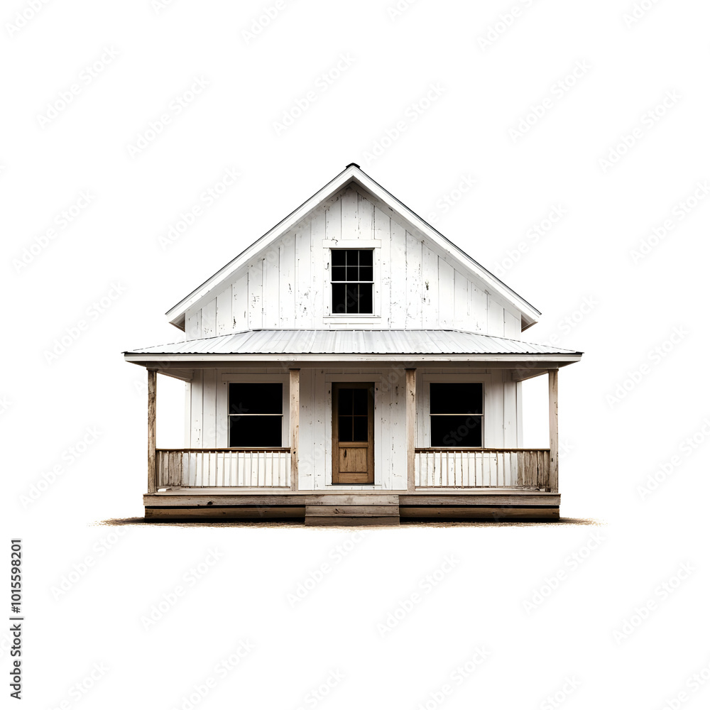 A charming white wooden house with a sloped roof and front porch, set against a white isolated background. A charming white wooden house with a sloped roof and front porch, set against a white isolated background.