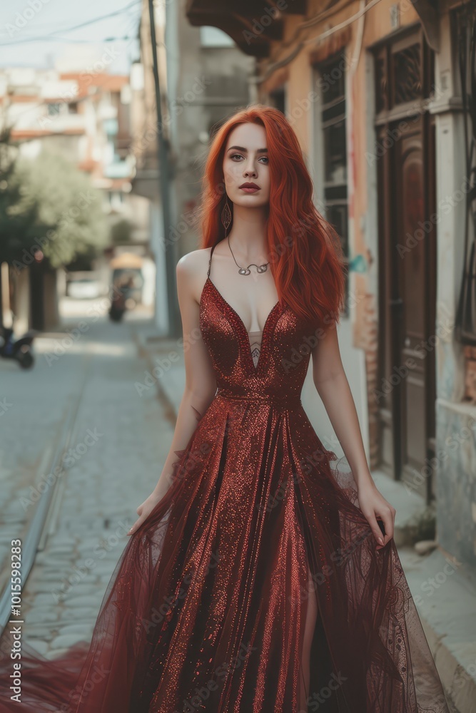 Elegant Red-Haired Woman in Ornate Dress - Fashion Portrait in Urban Streets Elegant Red-Haired Woman in Ornate Dress - Fashion Portrait in Urban Streets