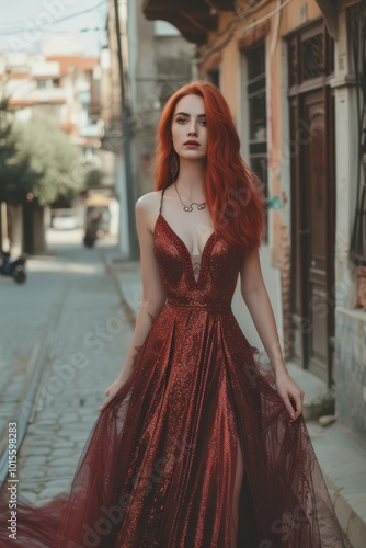 Elegant Red-Haired Woman in Ornate Dress - Fashion Portrait in Urban Streets