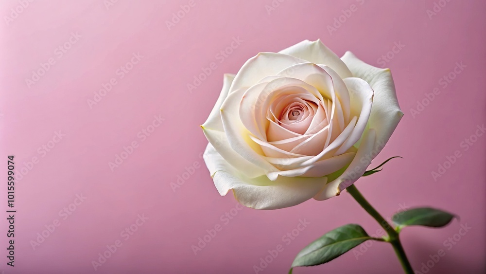 Fototapeta premium Graceful white rose on simple pink background long shot