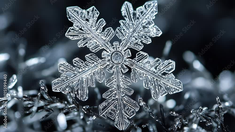 Closeup of a delicate, six-pointed snowflake with intricate details, resting on a bed of other snowflakes. Closeup of a delicate, six-pointed snowflake with intricate details, resting on a bed of other snowflakes.
