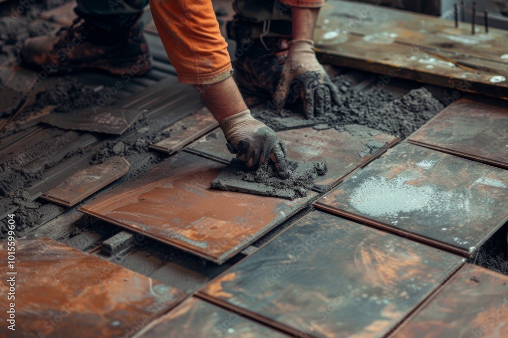 Craftsman precisely installing floor tiles at a construction site Craftsman precisely installing floor tiles at a construction site