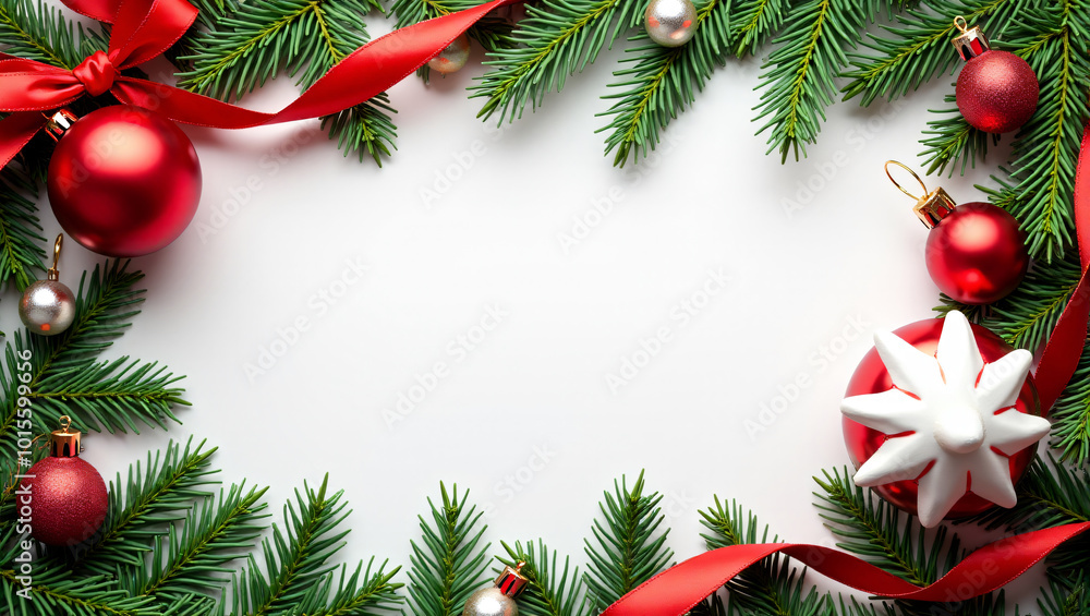 Fir Branches and Red Ribbon with Christmas Baubles with center copy space. Fir Branches and Red Ribbon with Christmas Baubles with center copy space.