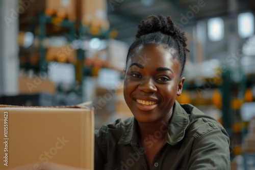 Happy young black female Handling shipping and logistics in startup company office