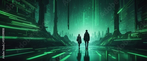 Wallpaper Mural Into the Digital Unknown: Two silhouettes walk towards the horizon, bathed in an ethereal green light, amidst a forest of digital code and surreal structures.  A captivating blend of mystery. Torontodigital.ca
