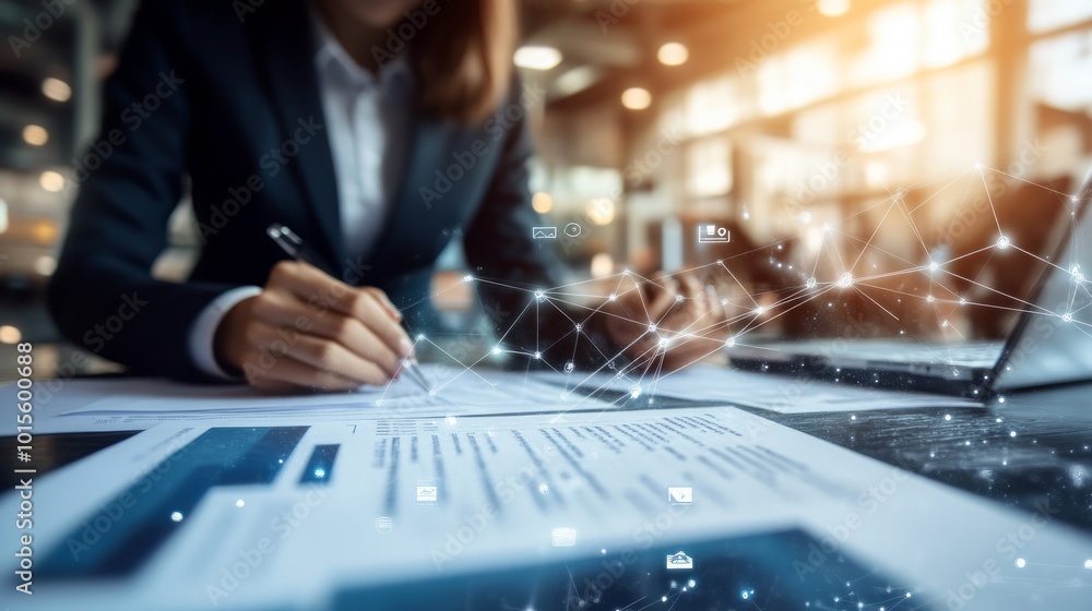 A businesswoman signing documents at her desk with a laptop and smartphone, with a network of connections overlayed. A businesswoman signing documents at her desk with a laptop and smartphone, with a network of connections overlayed.