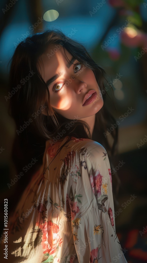 Floral Elegance: A Woman's Gaze Illuminated by Soft Light Floral Elegance: A Woman's Gaze Illuminated by Soft Light