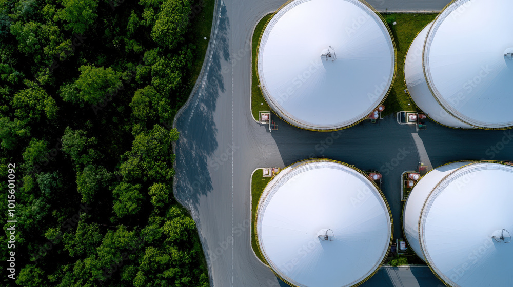 Aerial view of large storage tanks surrounded by lush greenery, showcasing industrial infrastructure and natures contrast. scene highlights harmony between industry and environment Aerial view of large storage tanks surrounded by lush greenery, showcasing industrial infrastructure and natures contrast. scene highlights harmony between industry and environment