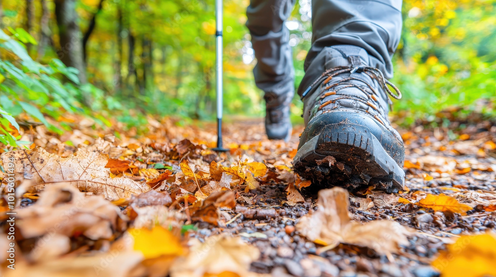 Obraz premium Exploring nature on hiking trail, hikers boot steps through colorful autumn leaves, showcasing beauty of outdoors and joy of adventure