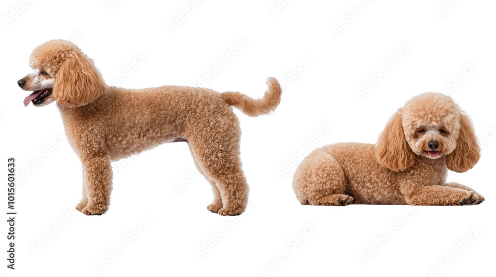 Fluffy poodle dog standing and lying down, showcasing its curly coat and playful demeanor. This adorable pet exudes charm and warmth, perfect for any family Fluffy poodle dog standing and lying down, showcasing its curly coat and playful demeanor. This adorable pet exudes charm and warmth, perfect for any family