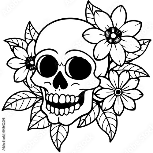 Human Skull In A Flower Frame. Vector Engraving Sketch Illustration For Tattoo, Print Design And Others