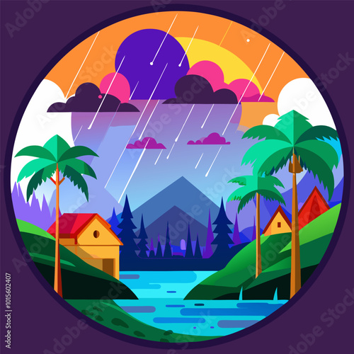 View of palm trees and rainy village in Geometric Mountains. Background