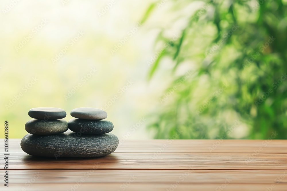 Zen stones stacked on wooden table with natural green background. Zen stones stacked on wooden table with natural green background.