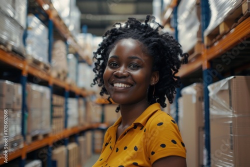 Happy young black female Handling shipping and logistics in startup company office