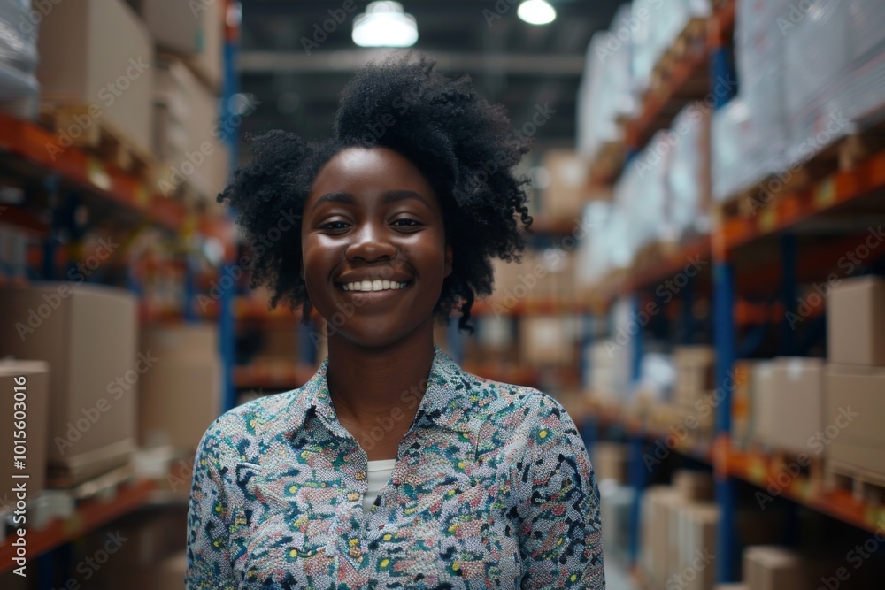 Happy young black female Handling shipping and logistics in startup company office Happy young black female Handling shipping and logistics in startup company office