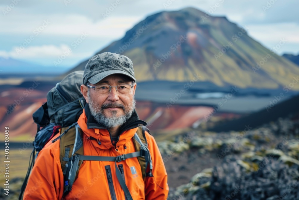 Portrait of a middle aged adult man hiking in Volcanic Landscapes in Iceland Portrait of a middle aged adult man hiking in Volcanic Landscapes in Iceland