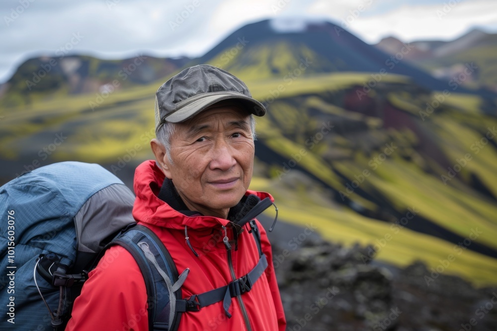 Portrait of a middle aged adult man hiking in Volcanic Landscapes in Iceland Portrait of a middle aged adult man hiking in Volcanic Landscapes in Iceland