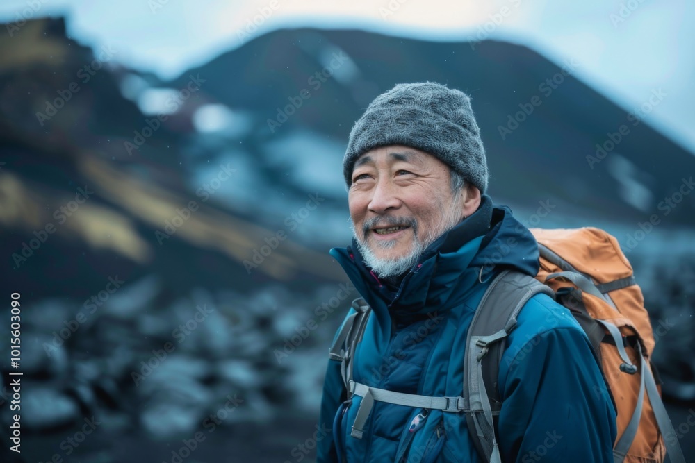 Portrait of a middle aged adult man hiking in Volcanic Landscapes in Iceland Portrait of a middle aged adult man hiking in Volcanic Landscapes in Iceland