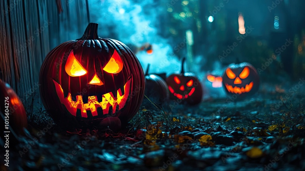 Spooky Halloween pumpkins glow in the dark with eerie expressions, surrounded by misty atmosphere and fallen leaves. Spooky Halloween pumpkins glow in the dark with eerie expressions, surrounded by misty atmosphere and fallen leaves.