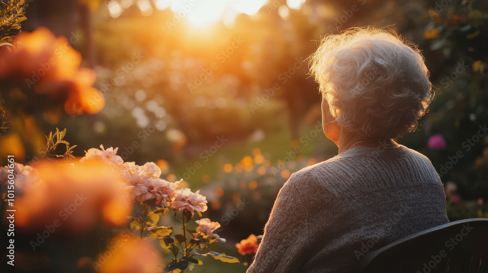 elderly woman enjoying peaceful sunset in cozy garden surrounded by blooming flowers, reflecting on life with serene expression elderly woman enjoying peaceful sunset in cozy garden surrounded by blooming flowers, reflecting on life with serene expression