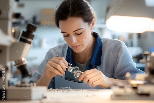 Close up portrait of a young focused jewelry maker meticulously crafting an intricate necklace on a well organized workbench using a jeweler s loupe and an array of delicate tools  The warm photo