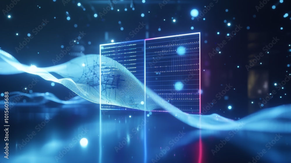 A captivating digital visualization featuring data grids, flowing light waves, and glowing particles. The abstract scene evokes themes of technology, artificial intelligence, and futuristic data A captivating digital visualization featuring data grids, flowing light waves, and glowing particles. The abstract scene evokes themes of technology, artificial intelligence, and futuristic data