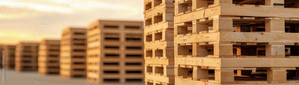 An organized stack of wooden pallets prepared for eco-friendly transportation and storage in a sustainable logistics facility. The importance of efficient and eco-conscious industrial solutions. An organized stack of wooden pallets prepared for eco-friendly transportation and storage in a sustainable logistics facility. The importance of efficient and eco-conscious industrial solutions.
